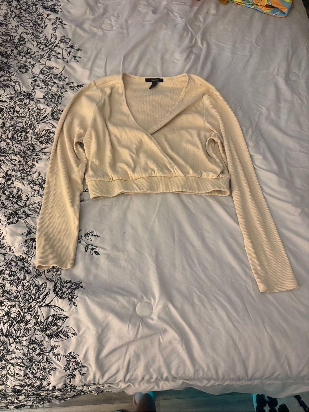 Light Cream Lounge Set Wrap-Style Long Sleeve Crop Top
